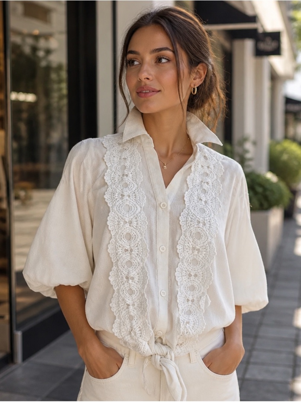 XOXO Off-White Crochet-Panel Button Front Blouse with Cold Shoulders. Sz small